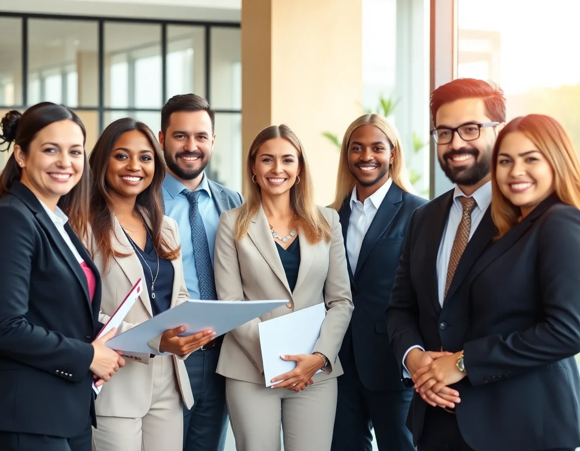A diverse team of legal professionals collaborating in a modern office.