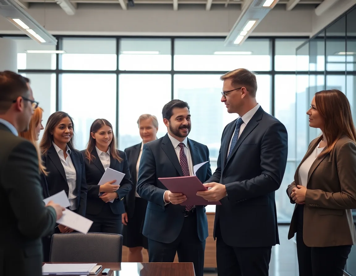 A diverse team of legal professionals discussing a case in a modern office.