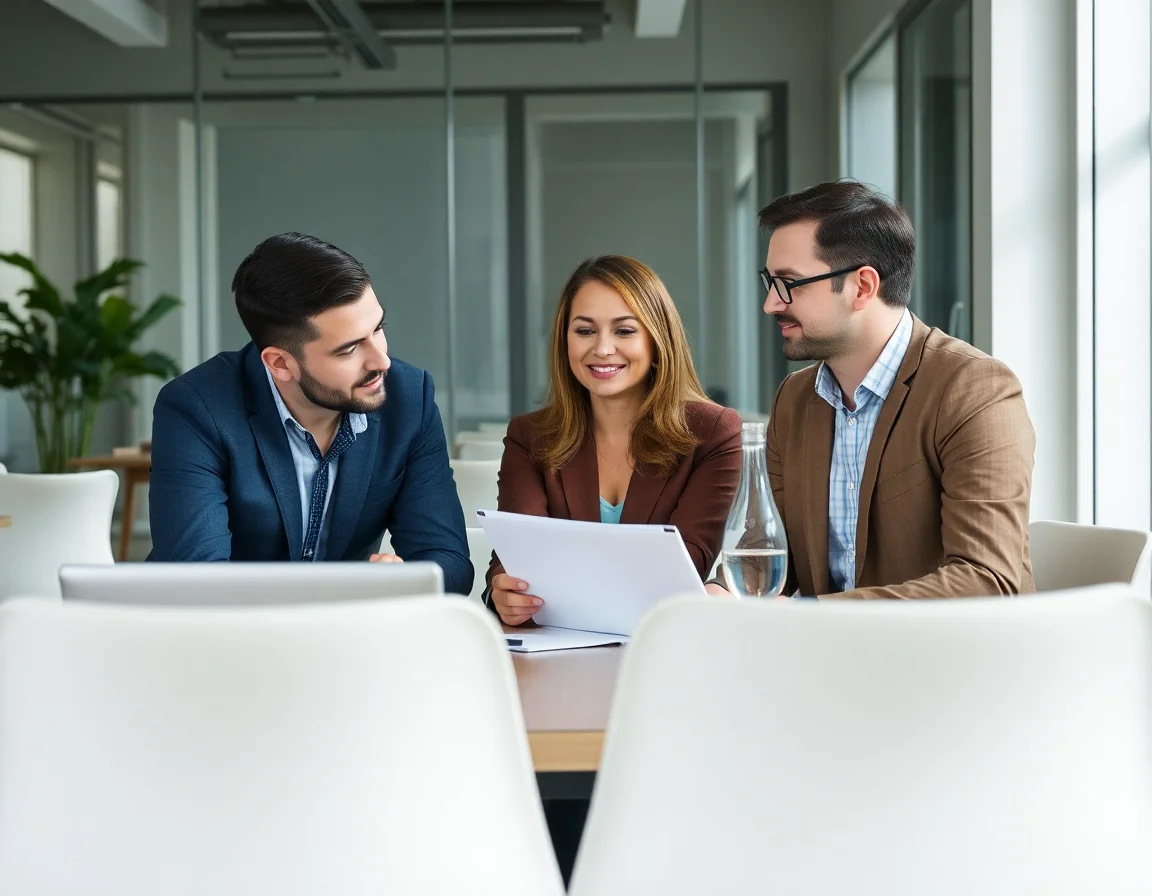 A professional team collaborating in a modern office meeting.