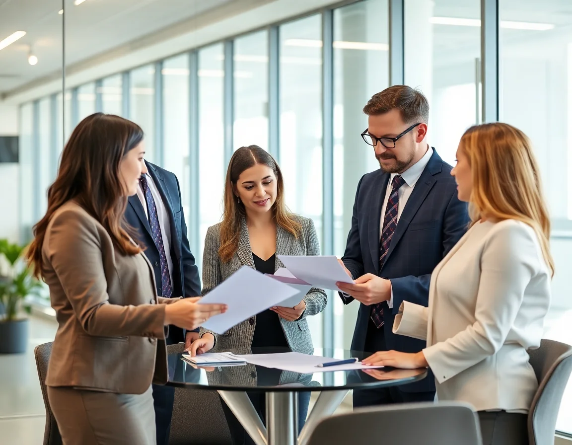 A professional team discussing legal documents in a modern office meeting.