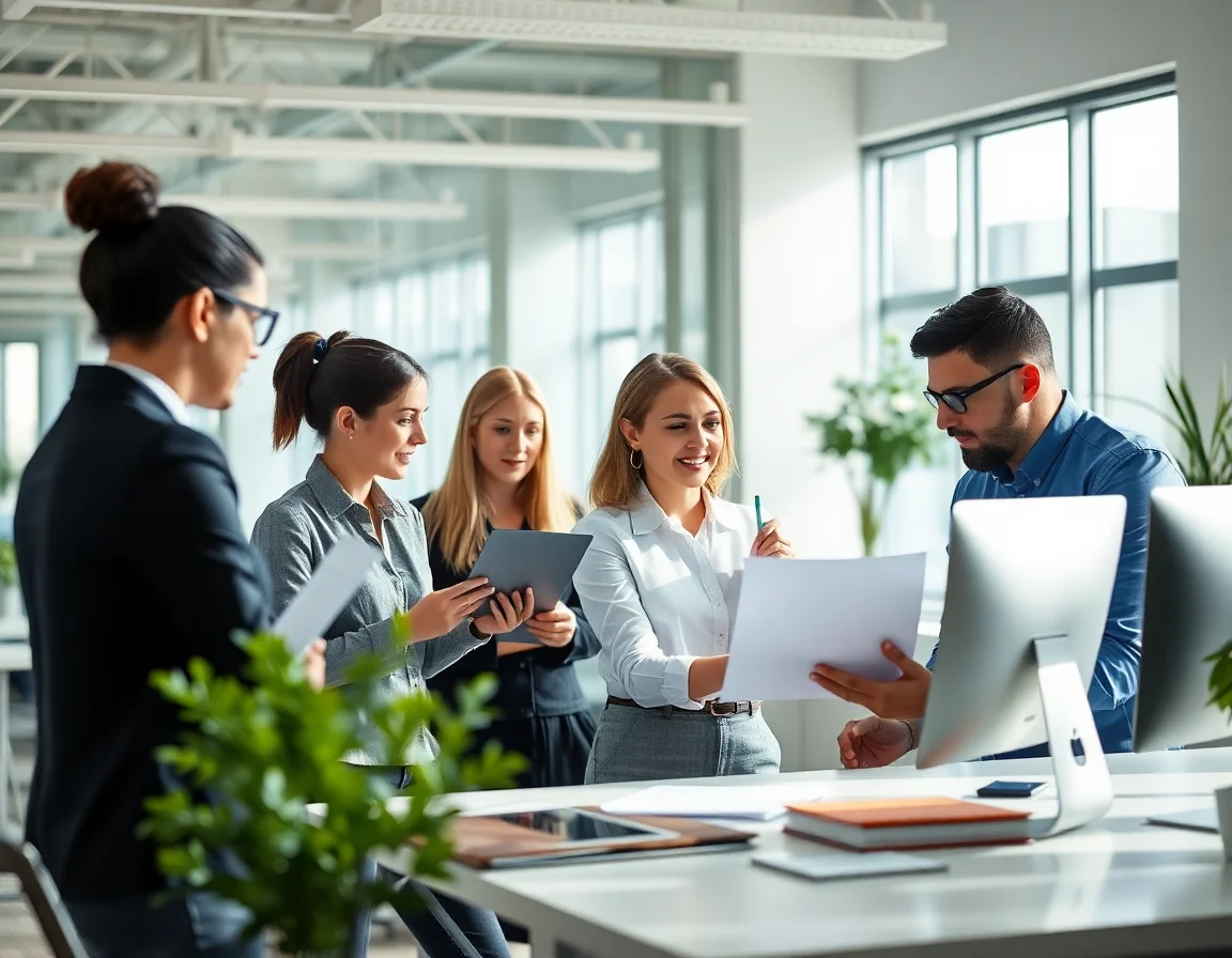 A team of professionals collaborating in a modern office setting.