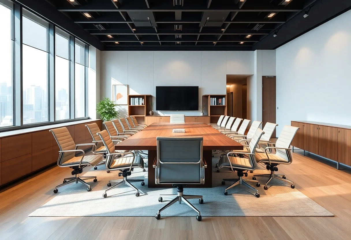 Modern law firm meeting room with a large table and chairs