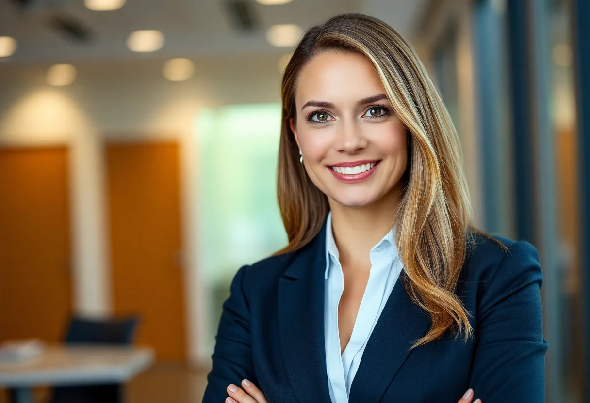 Portrait of a confident female lawyer in a professional setting.