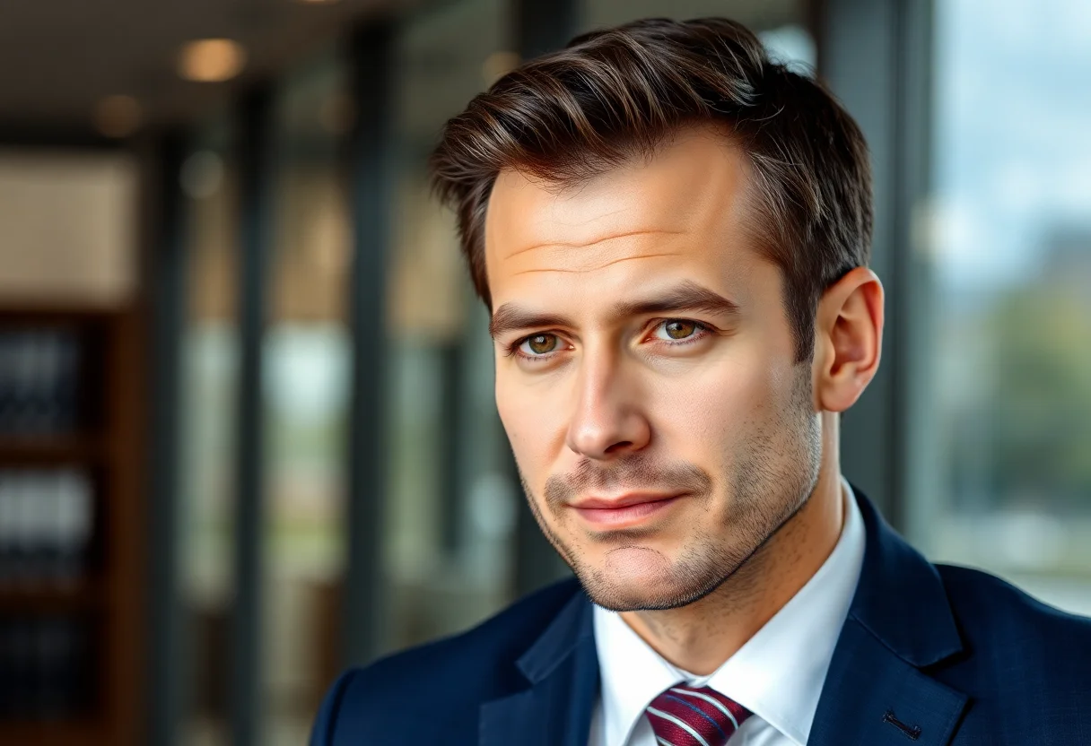 Portrait of a professional male lawyer with a thoughtful expression.