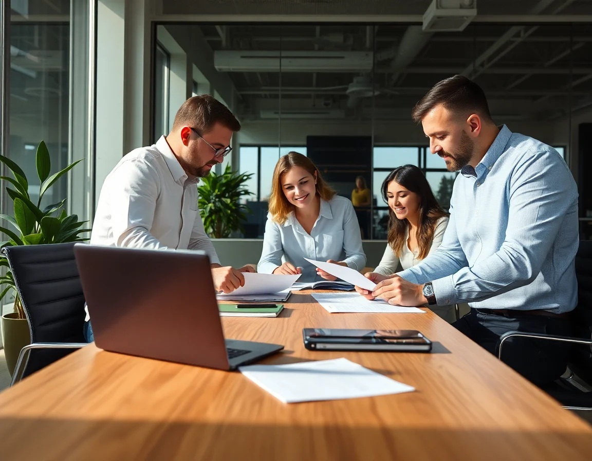Team working on documents at a modern office table